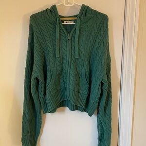 American Eagle Vintage Teal Cable Knit Cardigan Zip up Sweater with Hood